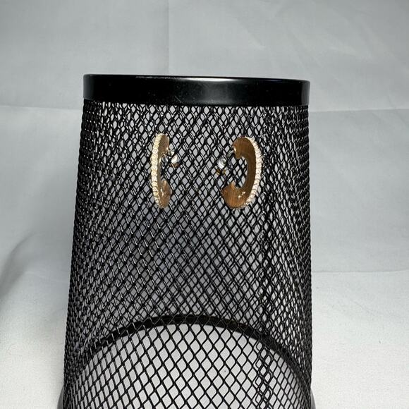 C Shaped CZ Yellow Gold Sterling Silver Hoop Stud Cuff Earrings - Picture 3 of 5